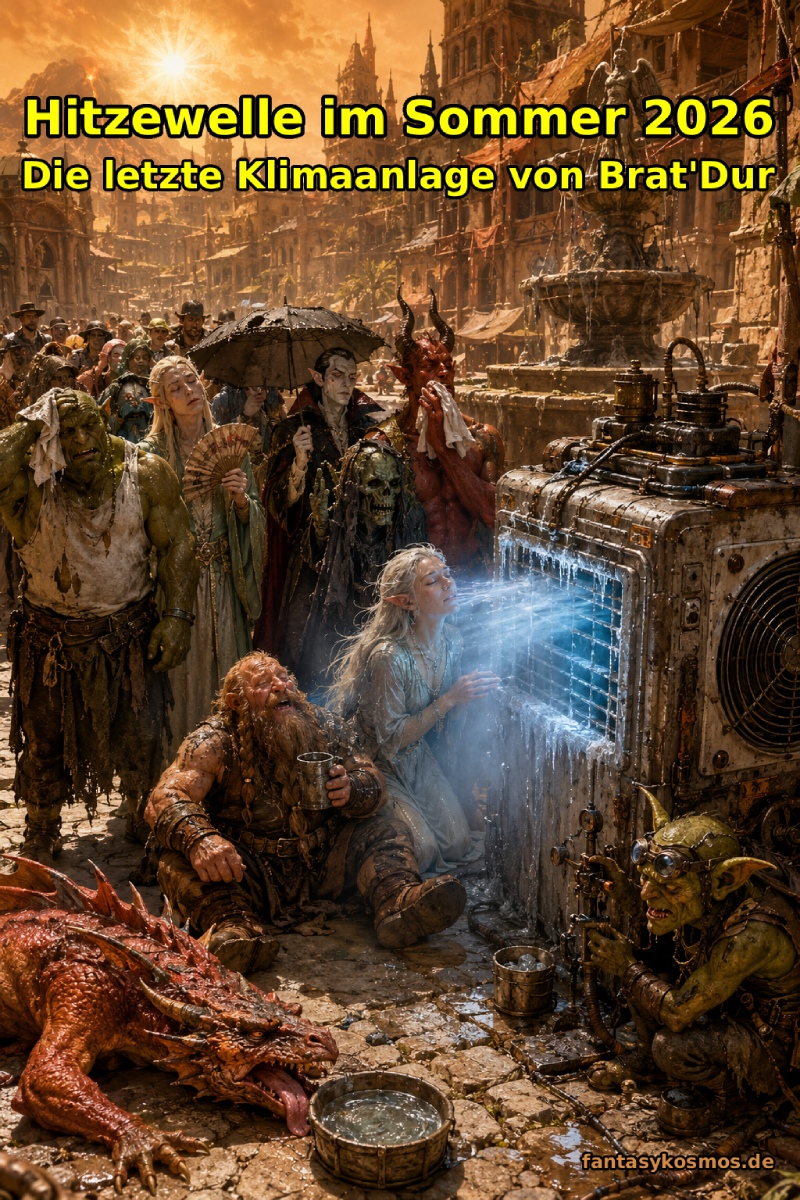 Satirisches Fantasy-Meme im Hochformat: Auf einem glühend heißen Marktplatz in Brat’Dur stehen Ork, Elf, Vampir, Dämon, Zwerg, Goblin und Drache friedlich vor einer alten rostigen Klimaanlage. Aus dem Gerät strömt blauer kalter Nebel, an der Front hängen Eiszapfen. Ein erschöpfter Elf sitzt direkt vor dem Luftstrom, während ein Goblin-Techniker unten rechts an Rohren und Ventilen arbeitet. Im Hintergrund brennt die Sonne über einer staubigen Fantasy-Stadt mit leerem Brunnen, roten Stoffdächern und erschöpften Gestalten. Oben steht in gelber Schrift: „Hitzewelle im Sommer 2026 – Die letzte Klimaanlage von Brat’Dur“.