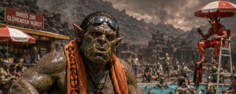 Satirisches Fantasy-Meme zur Hitzewelle 2026: In einem Strandbad in Mordor sitzen und baden zahlreiche Orks zwischen Vulkanlandschaft, Rauchwolken und finsteren Türmen. Im Vordergrund sitzt ein schlecht gelaunter Ork mit Schwimmring, Badelatschen, Sonnenbrille auf dem Kopf und Handtuch um den Hals.