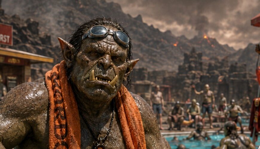 Satirisches Fantasy-Meme zur Hitzewelle 2026: In einem Strandbad in Mordor sitzen und baden zahlreiche Orks zwischen Vulkanlandschaft, Rauchwolken und finsteren Türmen. Im Vordergrund sitzt ein schlecht gelaunter Ork mit Schwimmring, Badelatschen, Sonnenbrille auf dem Kopf und Handtuch um den Hals.