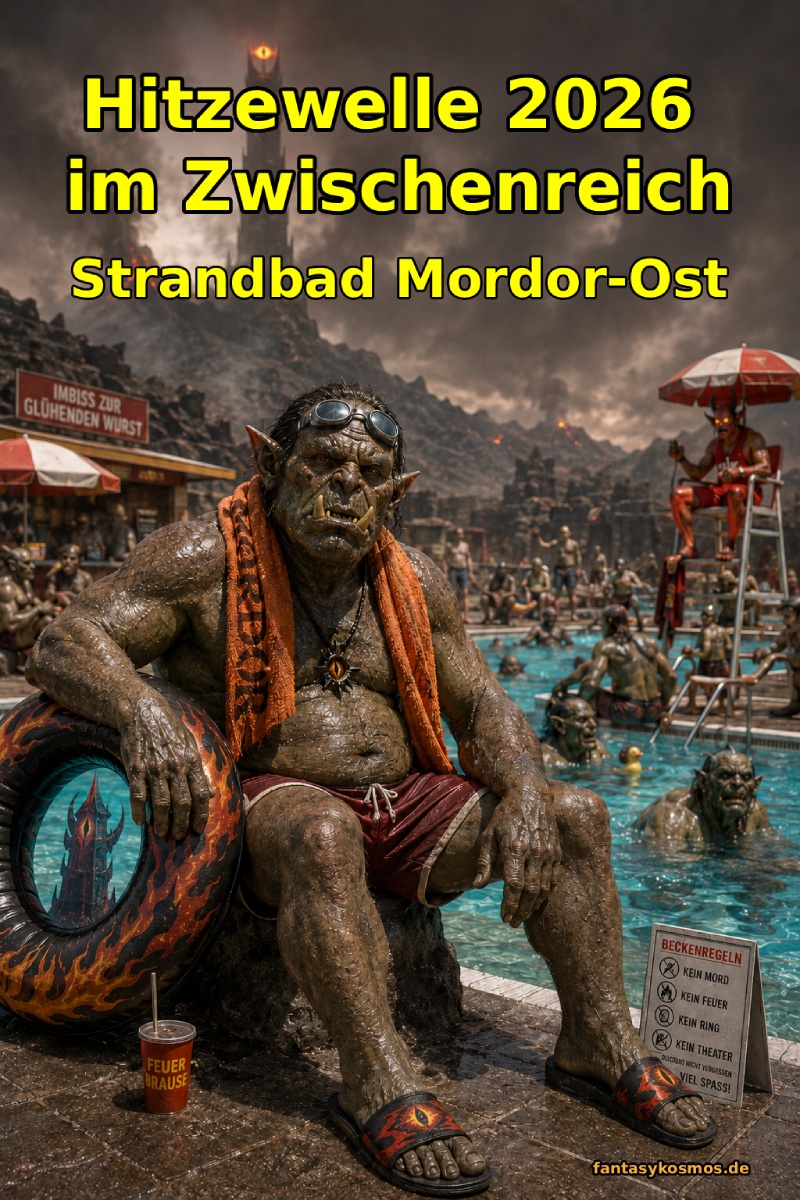 Satirisches Fantasy-Meme zur Hitzewelle 2026: In einem Strandbad in Mordor sitzen und baden zahlreiche Orks zwischen Vulkanlandschaft, Rauchwolken und finsteren Türmen. Im Vordergrund sitzt ein schlecht gelaunter Ork mit Schwimmring, Badelatschen, Sonnenbrille auf dem Kopf und Handtuch um den Hals. Im Hintergrund wacht ein Dämon als Bademeister über das Becken. Oben steht in gelber Schrift: „Hitzewelle 2026 im Zwischenreich – Strandbad Mordor-Ost“.