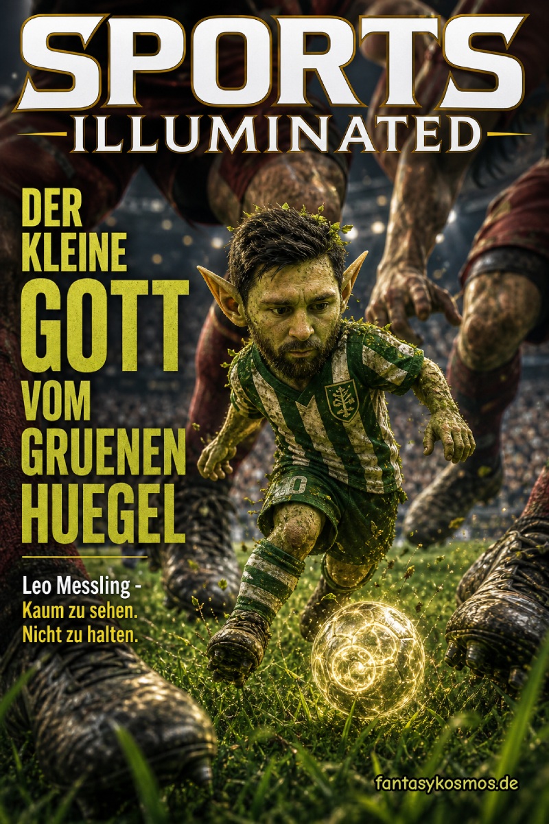 Fantasy-Sportmagazincover im Stil eines dramatischen Fußballcovers: Ein winziger Moosling-Fußballstar mit dunklem Haar, kurzem Bart, grünlichem Gesicht und konzentriertem Blick dribbelt mit leuchtendem Ball durch riesige Verteidigerbeine. Oben steht „SPORTS ILLUMINATED“, dazu die Schlagzeile „Der kleine Gott vom Grünen Hügel“ und die Unterzeile „Leo Messling – Kaum zu sehen. Nicht zu halten.“