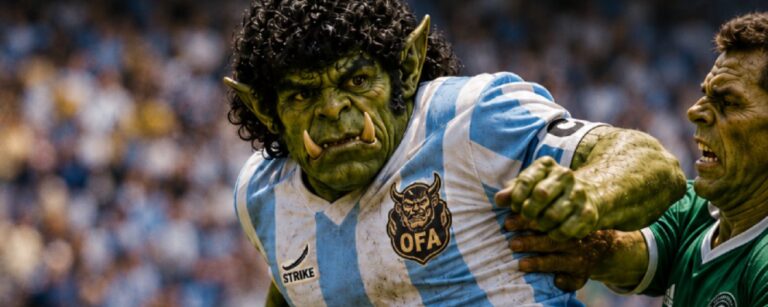 Fantasy-Sportmagazincover im Stil eines alten Fußball-WM-Magazins: Ein muskulöser Ork-Fußballer im hellblau-weiß gestreiften Orkentinien-Trikot kämpft in dramatischer Spielsituation um den Ball. Oben steht „SPORTS ILLUMINATED“, links die Schlagzeile „Der König von Orkentinien“, darunter „Die Hand des Dunklen Gottes: Diagro Maradûnna“. Auf dem Trikot sind ein OFA-Dämonenkopf-Logo und der erfundene Ausrüster „STRIKE“ mit Krummschwert-Symbol zu sehen.