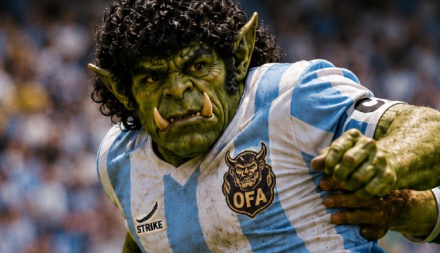 Fantasy-Sportmagazincover im Stil eines alten Fußball-WM-Magazins: Ein muskulöser Ork-Fußballer im hellblau-weiß gestreiften Orkentinien-Trikot kämpft in dramatischer Spielsituation um den Ball. Oben steht „SPORTS ILLUMINATED“, links die Schlagzeile „Der König von Orkentinien“, darunter „Die Hand des Dunklen Gottes: Diagro Maradûnna“. Auf dem Trikot sind ein OFA-Dämonenkopf-Logo und der erfundene Ausrüster „STRIKE“ mit Krummschwert-Symbol zu sehen.