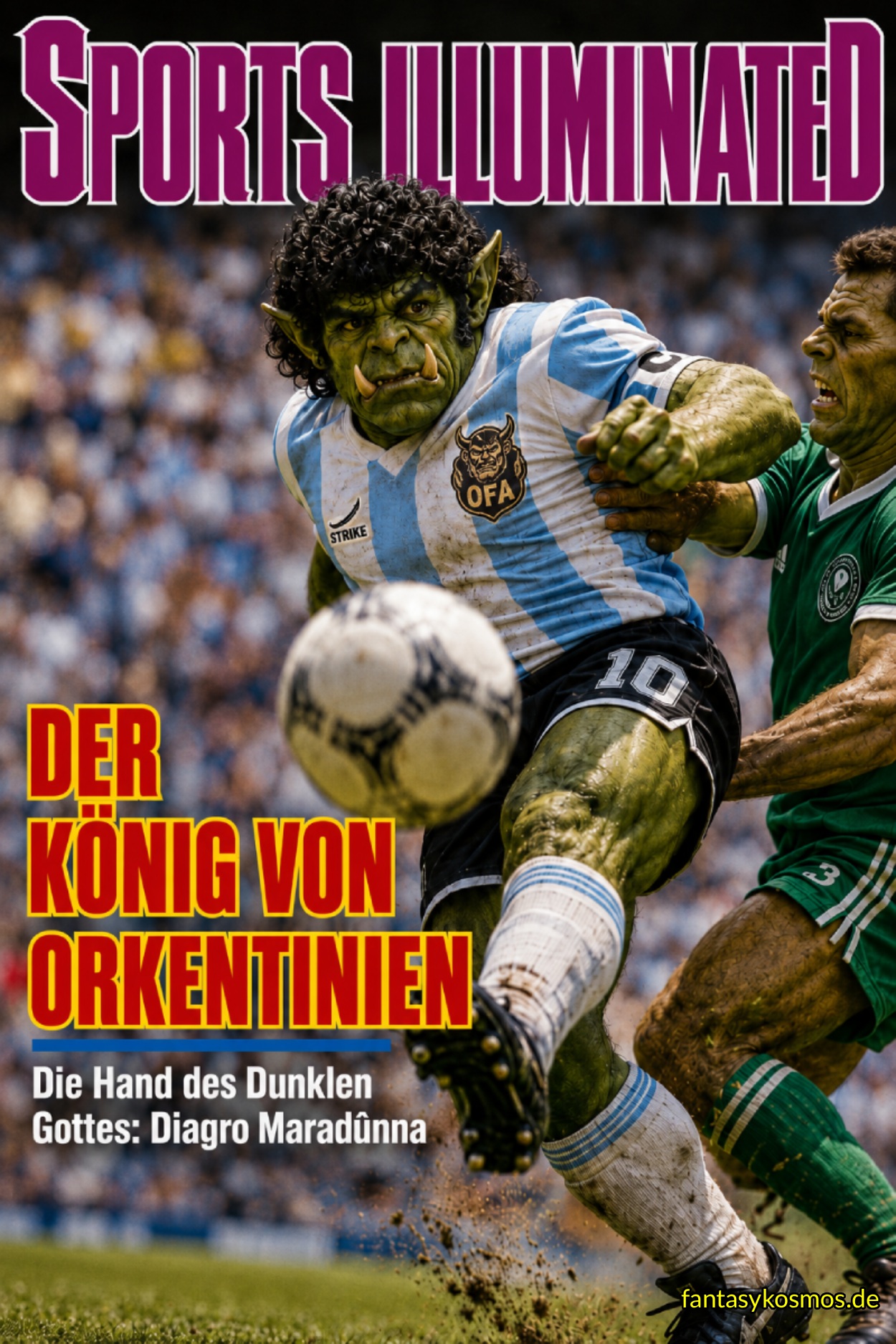Fantasy-Sportmagazincover im Stil eines alten Fußball-WM-Magazins: Ein muskulöser Ork-Fußballer im hellblau-weiß gestreiften Orkentinien-Trikot kämpft in dramatischer Spielsituation um den Ball. Oben steht „SPORTS ILLUMINATED“, links die Schlagzeile „Der König von Orkentinien“, darunter „Die Hand des Dunklen Gottes: Diagro Maradûnna“. Auf dem Trikot sind ein OFA-Dämonenkopf-Logo und der erfundene Ausrüster „STRIKE“ mit Krummschwert-Symbol zu sehen.