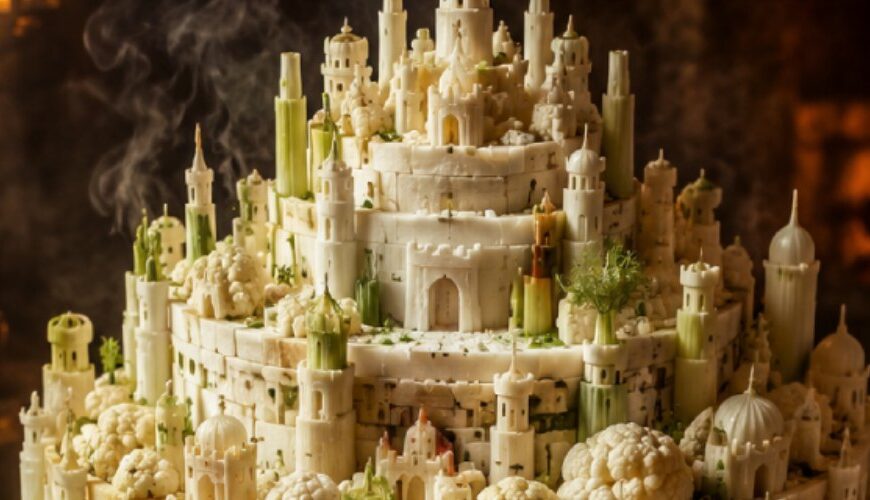 Fotorealistisches Food-Meme im Hochformat: Eine monumentale Festungsstadt aus Blumenkohl, Lauch, Fenchel, Pastinake und hellen Gemüseschichten erhebt sich ringförmig.