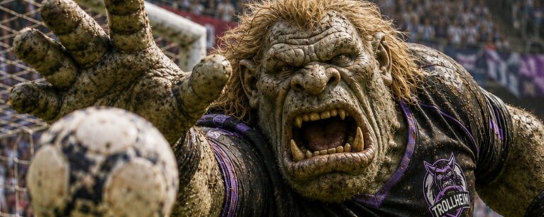 Fantasy-Sportmagazincover im Stil eines dramatischen Fußball-WM-Covers: Ein riesiger Troll-Torwart im schwarzen Trikot von Trollheim hechtet brüllend durch den Strafraum.