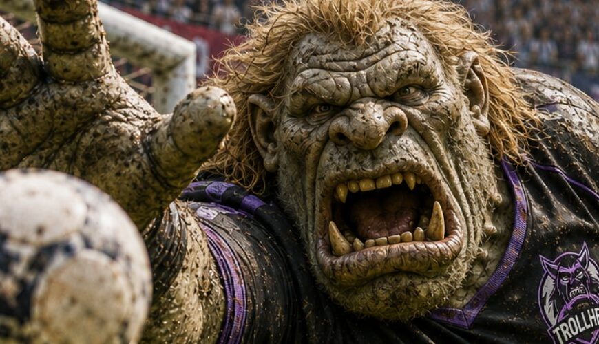 Fantasy-Sportmagazincover im Stil eines dramatischen Fußball-WM-Covers: Ein riesiger Troll-Torwart im schwarzen Trikot von Trollheim hechtet brüllend durch den Strafraum.