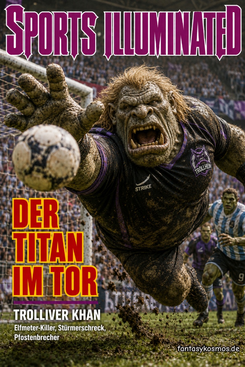 Fantasy-Sportmagazincover im Stil eines dramatischen Fußball-WM-Covers: Ein riesiger Troll-Torwart im schwarzen Trikot von Trollheim hechtet brüllend durch den Strafraum und streckt eine gewaltige Hand nach dem Ball aus. Oben steht „SPORTS ILLUMINATED“, links die Schlagzeile „Der Titan im Tor“, darunter „Trolliver Khan – Elfmeter-Killer, Stürmerschreck, Pfostenbrecher“.