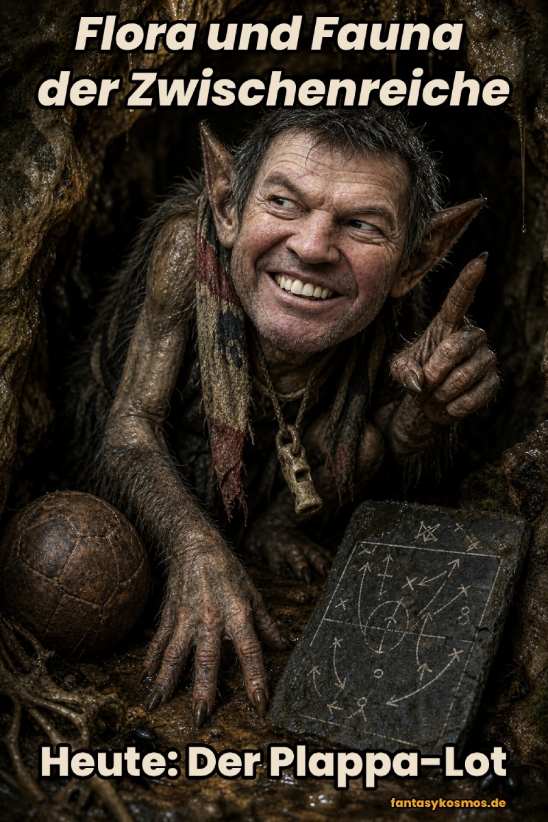 Kurioses Fantasy-Naturfoto im Hochformat: Ein koboldartiger Höhlenbewohner mit breitem Grinsen, schmalen Augen, struppigem Haar, spitzen Ohren und langen Klauen lauert in einem feuchten Höhlengang. Neben ihm liegen ein alter schlammiger Lederball, eine kleine Taktiktafel aus Schiefer mit unleserlichen Kratzzeichen und eine Knochenpfeife. Die Szene wirkt wie eine echte Naturdoku-Aufnahme aus den Zwischenreichen.