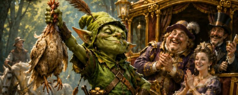 Fantasyhelden-Porträt im Hochformat: Ein kleiner, selbstzufriedener Goblin-Räuber in grünem Mantel, Federhut und mit prall gefülltem Geldbeutel steht heroisch auf einem Baumstumpf in einem dunklen Wald. Vor ihm sitzen bettelarme Dorfbewohner, denen gerade Töpfe, Schuhe und letzte Münzen abgenommen wurden. Im Hintergrund wartet eine goldene Kutsche mit reichen Adeligen, die dem Goblin dankbar zuwinken. Die Szene parodiert klassische Räuberlegenden mit schwarzem Zwischenreiche-Humor.