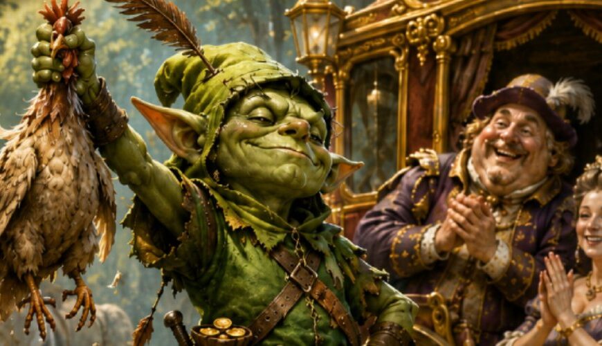 Fantasyhelden-Porträt im Hochformat: Ein kleiner, selbstzufriedener Goblin-Räuber in grünem Mantel, Federhut und mit prall gefülltem Geldbeutel steht heroisch auf einem Baumstumpf in einem dunklen Wald. Vor ihm sitzen bettelarme Dorfbewohner, denen gerade Töpfe, Schuhe und letzte Münzen abgenommen wurden. Im Hintergrund wartet eine goldene Kutsche mit reichen Adeligen, die dem Goblin dankbar zuwinken. Die Szene parodiert klassische Räuberlegenden mit schwarzem Zwischenreiche-Humor.