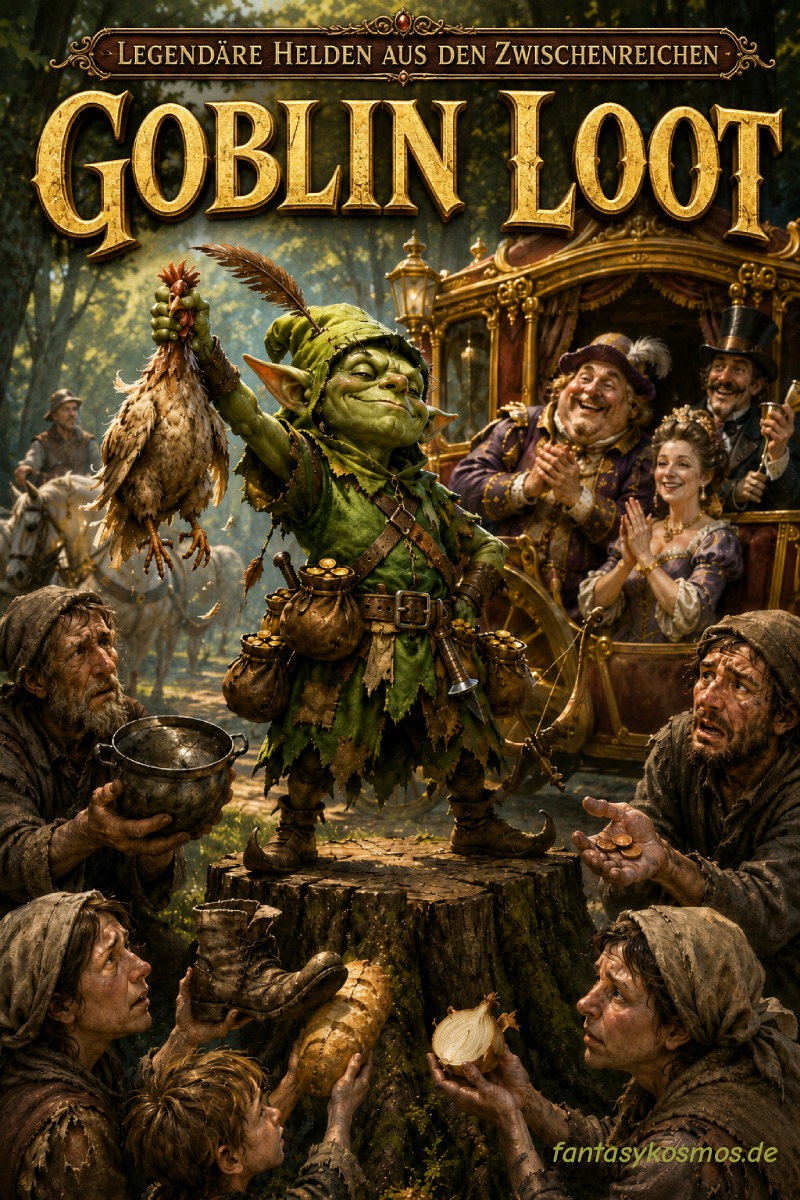 Fantasyhelden-Porträt im Hochformat: Ein kleiner, selbstzufriedener Goblin-Räuber in grünem Mantel, Federhut und mit prall gefülltem Geldbeutel steht heroisch auf einem Baumstumpf in einem dunklen Wald. Vor ihm sitzen bettelarme Dorfbewohner, denen gerade Töpfe, Schuhe und letzte Münzen abgenommen wurden. Im Hintergrund wartet eine goldene Kutsche mit reichen Adeligen, die dem Goblin dankbar zuwinken. Die Szene parodiert klassische Räuberlegenden mit schwarzem Zwischenreiche-Humor.