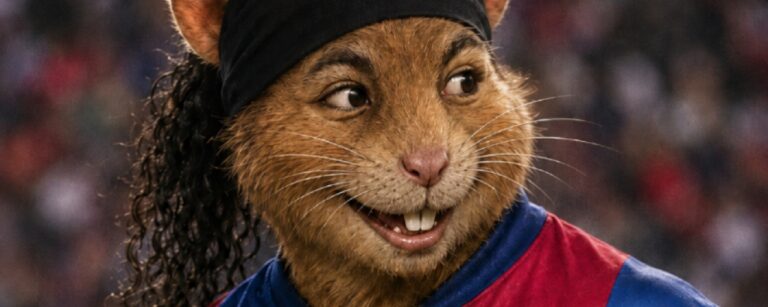 Fantasy-Sportmagazincover im Stil eines alten Fußballmagazins: Ein hamsterartiger Fußballstar mit Stirnband, lockigem Haar und breitem Grinsen.