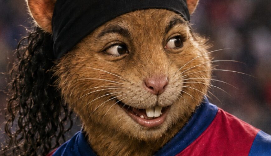 Fantasy-Sportmagazincover im Stil eines alten Fußballmagazins: Ein hamsterartiger Fußballstar mit Stirnband, lockigem Haar und breitem Grinsen.