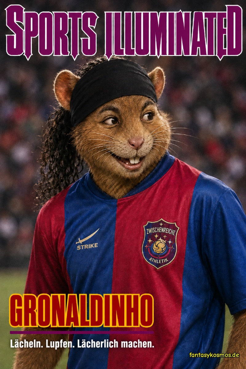 Fantasy-Sportmagazincover im Stil eines alten Fußballmagazins: Ein hamsterartiger Fußballstar mit Stirnband, lockigem Haar und breitem Grinsen trägt ein rot-blaues Trikot von Zwischenreiche Athletik. Oben steht „SPORTS ILLUMINATED“, unten die Schlagzeile „Gronaldinho“, darunter der Slogan „Lächeln. Lupfen. Lächerlich machen.“