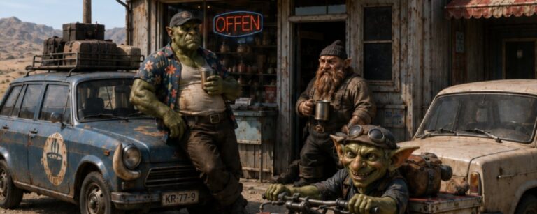 Fantasy-Meme einer schäbigen Raststätte namens „Mampf“ an WEG 33: Vor einem heruntergekommenen Imbiss stehen ein Ork mit Becher, ein grimmiger Zwerg und ein grinsender Goblin auf einem rostigen Lieferroller. Die Szenerie wirkt wie ein billiger Straßenstopp am Rand der Zwischenreiche.