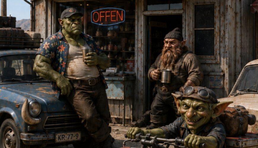 Fantasy-Meme einer schäbigen Raststätte namens „Mampf“ an WEG 33: Vor einem heruntergekommenen Imbiss stehen ein Ork mit Becher, ein grimmiger Zwerg und ein grinsender Goblin auf einem rostigen Lieferroller. Die Szenerie wirkt wie ein billiger Straßenstopp am Rand der Zwischenreiche.