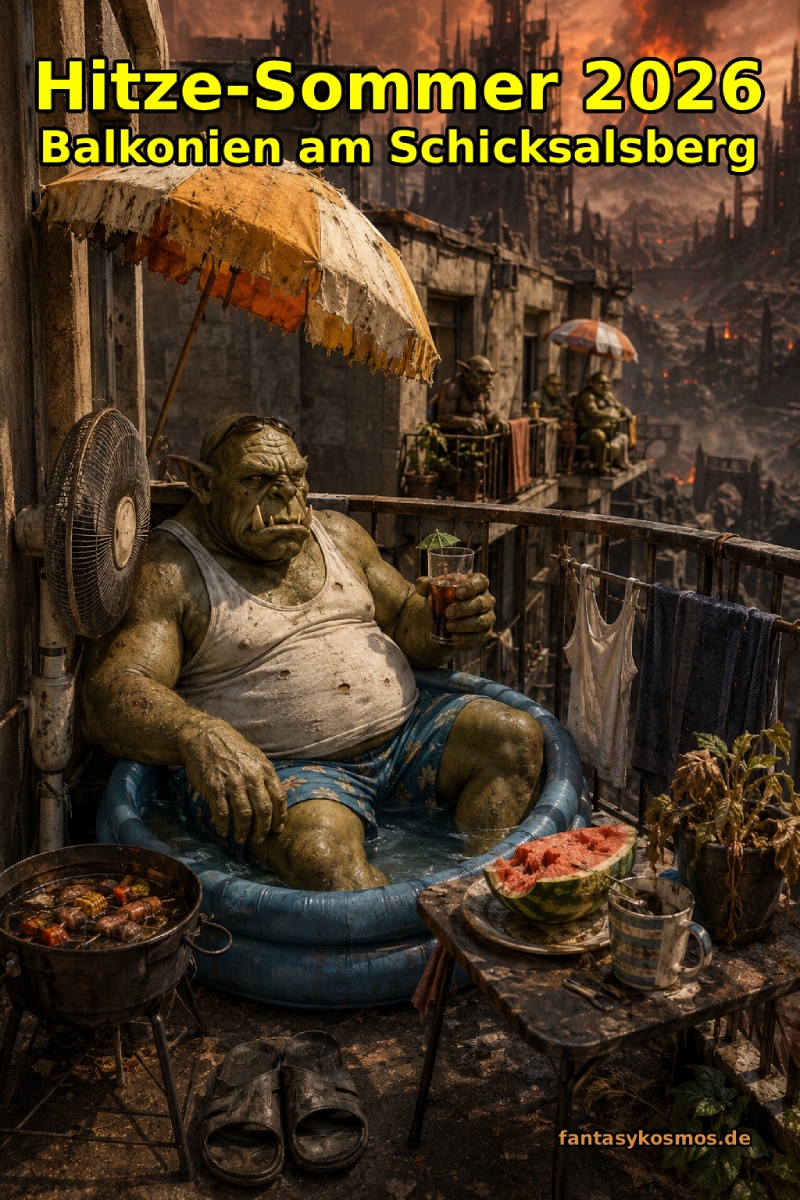 Satirisches Fantasy-Meme im Hochformat: Ein schlecht gelaunter Ork sitzt bei extremer Hitze in einem kleinen Planschbecken auf einem engen, schmutzigen Balkon. Er trägt Unterhemd, kurze Hose und Sonnenbrille auf dem Kopf, hält ein Getränk in der Hand und sitzt unter einem zerfledderten Sonnenschirm. Neben ihm stehen ein alter Ventilator, ein kleiner Grill, Wassermelone, Badelatschen, vertrocknete Pflanzen und Wäscheständer. Im Hintergrund ragen finstere Türme, Rauchwolken und ein ausbrechender Vulkan über einer düsteren Mordor-Landschaft auf.