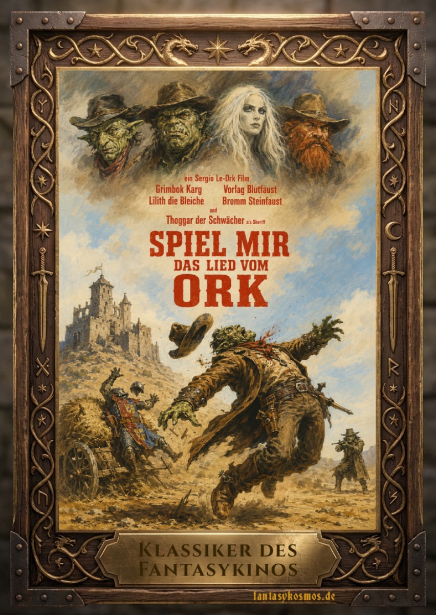 Fantasy-Filmplakat im verzierten Holzrahmen: Eine alte Western-Plakatparodie mit vier Köpfen im oberen Bildbereich – Goblin, Ork, Banshee und Zwerg. Darunter steht in roter Schrift der Titel „Spiel mir das Lied vom Ork“. Im unteren Bereich fliegen zwei getroffene Gestalten dramatisch durch eine staubige Grenzszene vor Burgruine, Heukutsche und fernem Schützen. Unten am Rahmen steht „Klassiker des Fantasykinos“, Signatur „fantasykosmos.de“.