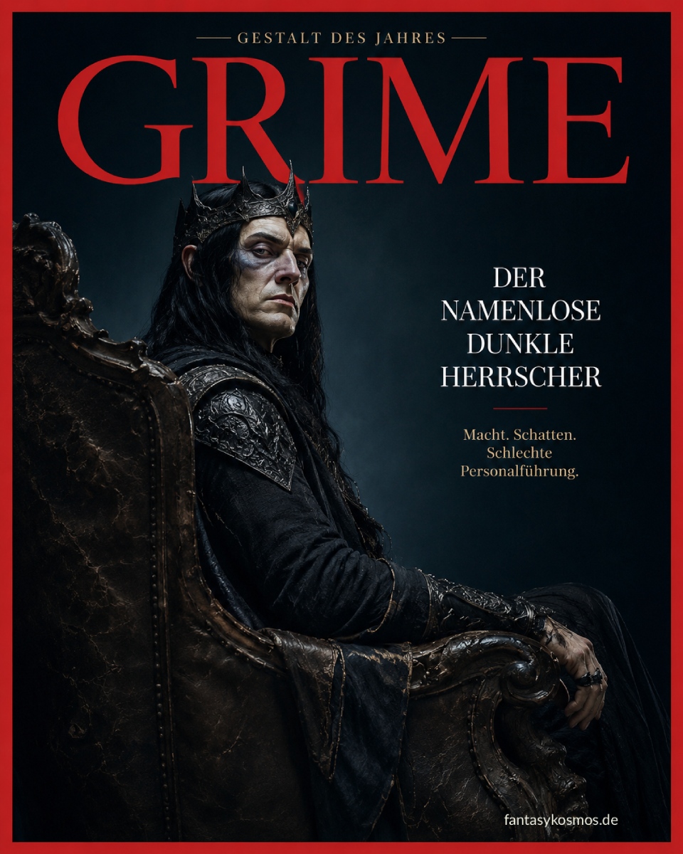 Düsteres Fantasy-Magazincover mit rotem Rahmen und dem großen Titel GRIME: Auf einem schwarzen Sessel sitzt ein blasser, langhaariger Dunkler Herrscher mit Krone und finsterem Blick. Rechts steht die Titelzeile „Der namenlose Dunkle Herrscher“, darunter der Untertitel „Macht. Schatten. Schlechte Personalführung.“. Oben steht „Gestalt des Jahres“.
