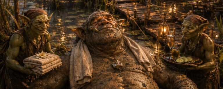 In einem luxuriös wirkenden Sumpf-Spa der Zwischenreiche sitzt ein massiger Oger entspannt bis zum Hals in einem dampfenden Moorbad. Um ihn herum kümmern sich kleine Goblin-Angestellte mit Handtüchern, Schalen und Spa-Zubehör um sein Wohlbefinden.
