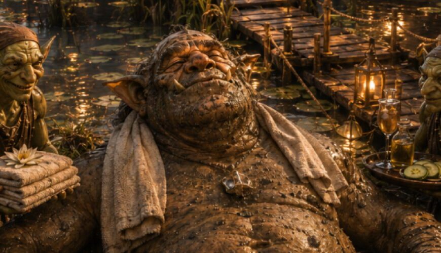 In einem luxuriös wirkenden Sumpf-Spa der Zwischenreiche sitzt ein massiger Oger entspannt bis zum Hals in einem dampfenden Moorbad. Um ihn herum kümmern sich kleine Goblin-Angestellte mit Handtüchern, Schalen und Spa-Zubehör um sein Wohlbefinden.