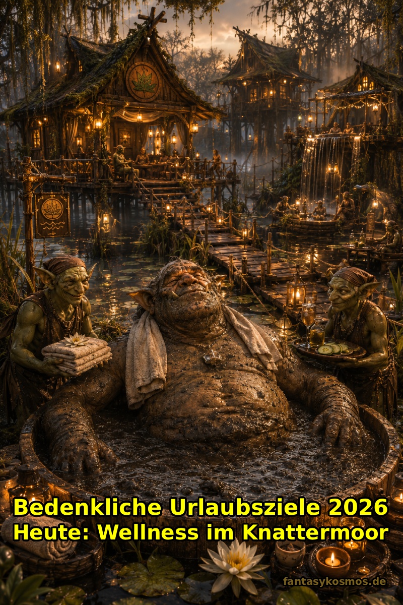 Fotorealistisches Fantasy-Meme im Hochformat: In einem luxuriös wirkenden Sumpf-Spa der Zwischenreiche sitzt ein massiger Oger entspannt bis zum Hals in einem dampfenden Moorbad. Um ihn herum kümmern sich kleine Goblin-Angestellte mit Handtüchern, Schalen und Spa-Zubehör um sein Wohlbefinden. Holzstege führen zwischen nebligen Wasserflächen zu warm beleuchteten Stelzenhütten. Laternen spiegeln sich im Morast, Schilf und Sumpfpflanzen rahmen die Szene ein. Das gesamte Motiv wirkt wie eine absurde Wellness-Werbung für ein edles Moor-Resort.
