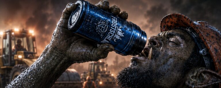 Ein verschwitzter Ork-Straßenbauarbeiter in dreckiger Arbeitskleidung kippt sich aus einer blauen Thermosflasche den fiktiven Uruk-Eisschnaps Frostschlag in den Mund.
