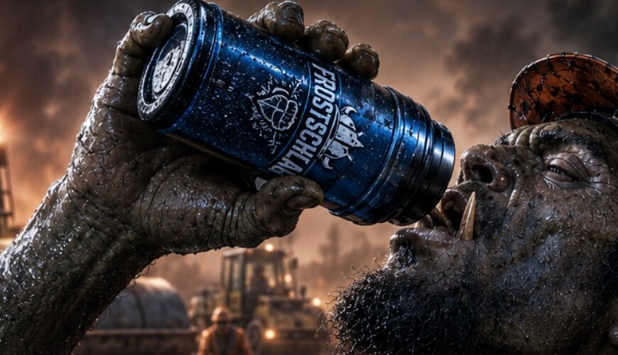 Ein verschwitzter Ork-Straßenbauarbeiter in dreckiger Arbeitskleidung kippt sich aus einer blauen Thermosflasche den fiktiven Uruk-Eisschnaps Frostschlag in den Mund.