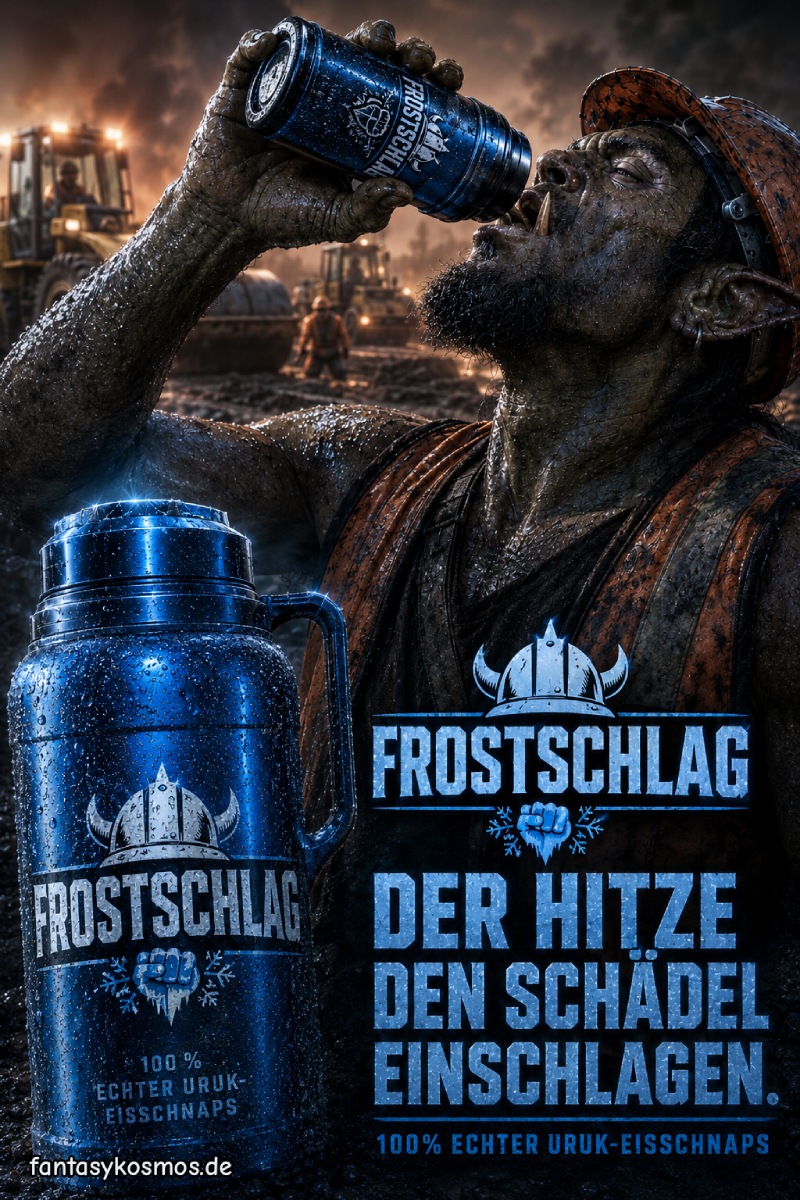 Fotorealistische Fantasy-Werbung im Hochformat: Ein verschwitzter Ork-Straßenbauarbeiter in dreckiger Arbeitskleidung kippt sich aus einer blauen Thermosflasche den fiktiven Uruk-Eisschnaps Frostschlag in den Mund. Links steht eine große frostige Thermoskanne mit Logo, Bauhelm-Symbol und der Aufschrift 100 % echter Uruk-Eisschnaps. Im Hintergrund arbeiten weitere Orks auf einer staubigen Baustelle zwischen Asphalt, Maschinen, Rauch und Hitze. Rechts steht der Slogan: Der Hitze den Schädel einschlagen.