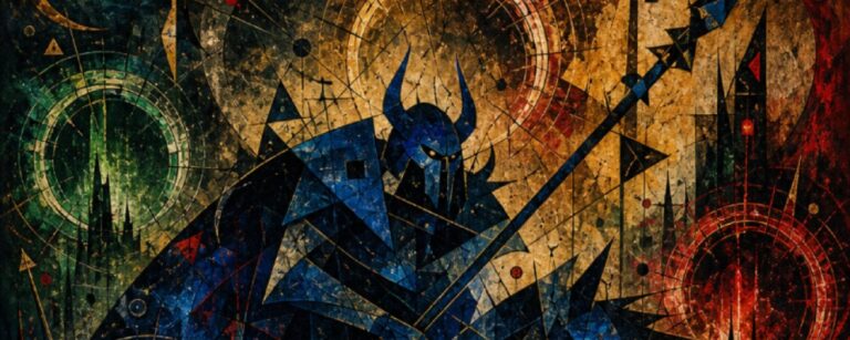 Abstraktes Fantasy-Gemälde im Hochformat: In dunklen Blau-, Grün-, Gold- und Rottönen erscheint ein finsterer orkischer Reiter als geometrisch zerlegte Silhouette auf einem stürmischen Reittier. Um ihn herum schweben Portale, Mondfragmente, schwarze Zauberlinien, rote Klingenformen, runenartige Steine und eine wilde Landschaft aus Speeren, Gräsern und magischen Splittern. Das Bild wirkt wie ein düsteres Avantgarde-Gemälde aus den Zwischenreichen.