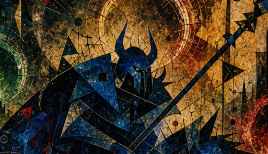 Abstraktes Fantasy-Gemälde im Hochformat: In dunklen Blau-, Grün-, Gold- und Rottönen erscheint ein finsterer orkischer Reiter als geometrisch zerlegte Silhouette auf einem stürmischen Reittier. Um ihn herum schweben Portale, Mondfragmente, schwarze Zauberlinien, rote Klingenformen, runenartige Steine und eine wilde Landschaft aus Speeren, Gräsern und magischen Splittern. Das Bild wirkt wie ein düsteres Avantgarde-Gemälde aus den Zwischenreichen.