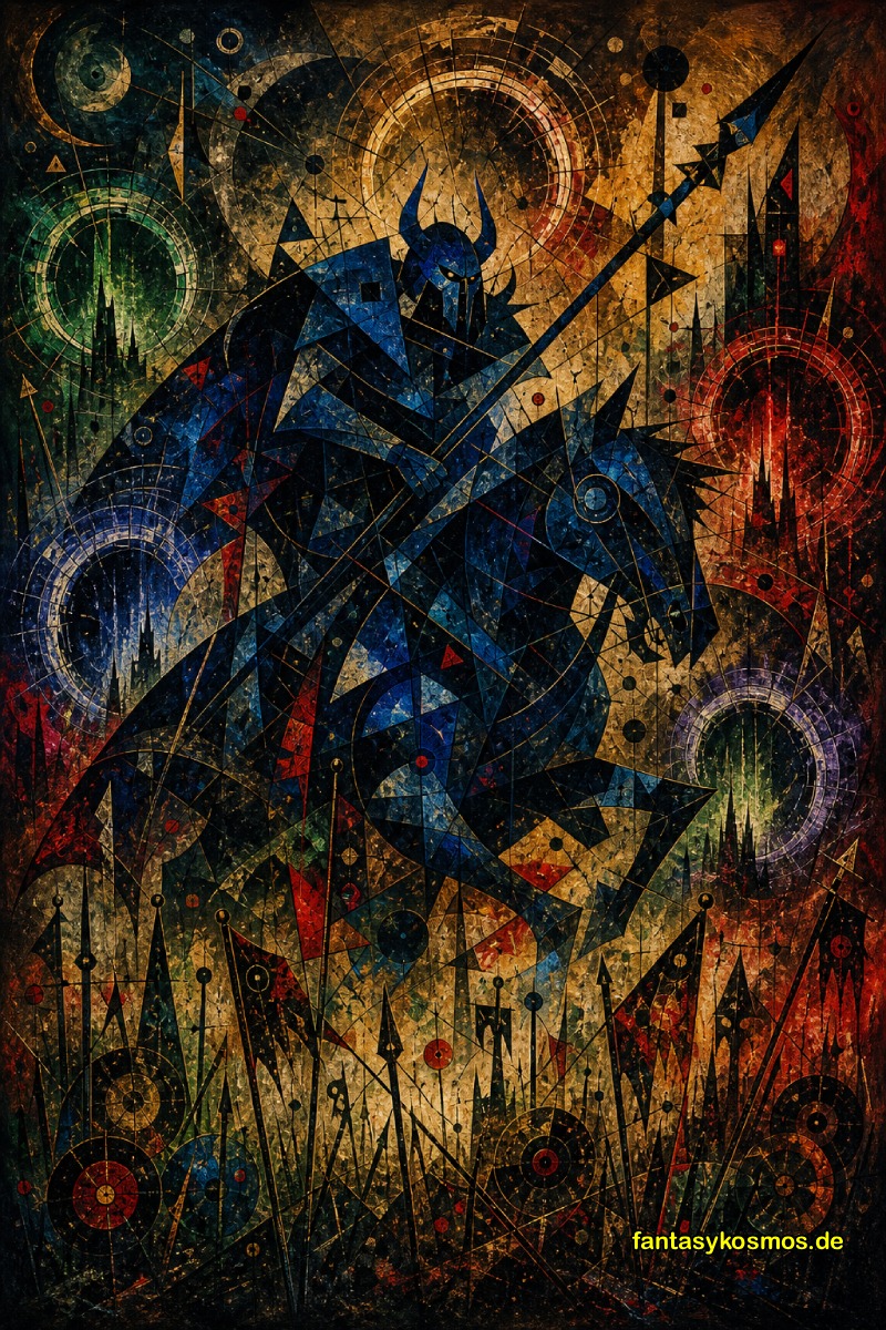 Abstraktes Fantasy-Gemälde im Hochformat: In dunklen Blau-, Grün-, Gold- und Rottönen erscheint ein finsterer orkischer Reiter als geometrisch zerlegte Silhouette auf einem stürmischen Reittier. Um ihn herum schweben Portale, Mondfragmente, schwarze Zauberlinien, rote Klingenformen, runenartige Steine und eine wilde Landschaft aus Speeren, Gräsern und magischen Splittern. Das Bild wirkt wie ein düsteres Avantgarde-Gemälde aus den Zwischenreichen.