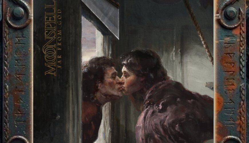 Albumcover von Moonspell – Far From God: Malerisches Gothic-Metal-Cover mit einer Frau, die sich in einem dunklen Innenraum zu einem Fenster beugt und eine Person hinter der Scheibe küsst. Die Szene wirkt intim, grau, melancholisch und distanziert. Links steht der Bandname vertikal, darunter der Albumtitel.