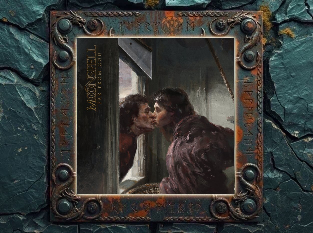 Albumcover von Moonspell – Far From God: Malerisches Gothic-Metal-Cover mit einer Frau, die sich in einem dunklen Innenraum zu einem Fenster beugt und eine Person hinter der Scheibe küsst. Die Szene wirkt intim, grau, melancholisch und distanziert. Links steht der Bandname vertikal, darunter der Albumtitel.