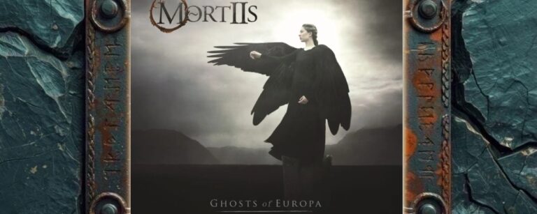 Albumcover von Mortiis – Ghosts of Europa: Eine Frau in schwarzem Gewand steht vor einer grauen, nebligen Landschaft. Hinter ihr breitet sich ein großer schwarzer Flügel aus. Im Hintergrund leuchtet fahles Licht durch Wolken, unten liegt dunkles Land. Oben links steht das Mortiis-Logo, unten der Albumtitel.