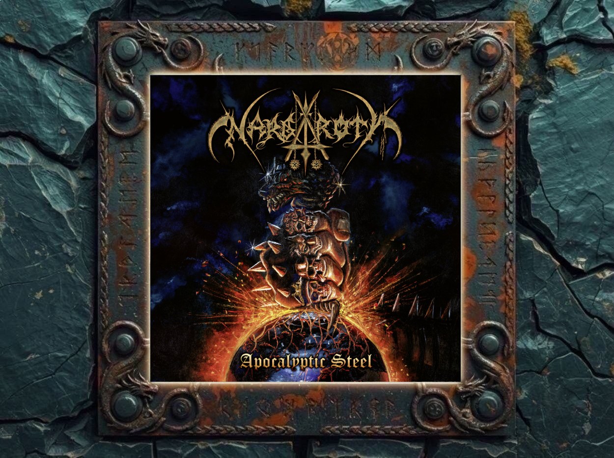 Albumcover von Nargaroth – Apocalyptic Steel: Dunkles Artwork mit goldenem Nargaroth-Logo im oberen Bereich, einer stacheligen, verdrehten Metallform im Zentrum, blauschwarzem Hintergrund, orangefarbenen Funken und Feuer im unteren Bildbereich sowie dem Albumtitel Apocalyptic Steel in goldener Schrift am unteren Rand.