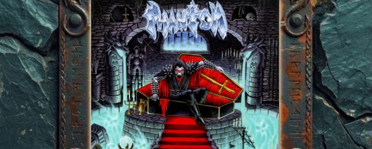 Albumcover von Phantom – Not Midnight Yet: Farbenreiches Speed-Metal-Artwork mit skelettartiger Gestalt in schwarzer Lederkleidung, die in einem roten Sarg in einer alten Burgkammer sitzt. Umgeben von Drachenstatuen, Kerzen, Totenschädeln, Rüstungen, Spinnweben, Truhen, blauem Gruftnebel und rotem Teppich. Oben steht das metallische Phantom-Logo, unten der Albumtitel.