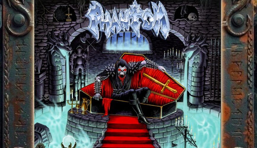 Albumcover von Phantom – Not Midnight Yet: Farbenreiches Speed-Metal-Artwork mit skelettartiger Gestalt in schwarzer Lederkleidung, die in einem roten Sarg in einer alten Burgkammer sitzt. Umgeben von Drachenstatuen, Kerzen, Totenschädeln, Rüstungen, Spinnweben, Truhen, blauem Gruftnebel und rotem Teppich. Oben steht das metallische Phantom-Logo, unten der Albumtitel.