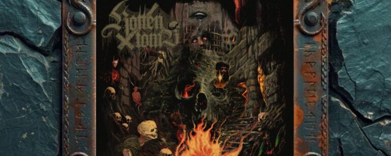 Albumcover von Rotten Tomb – Vestiges of Tortured Souls: Dunkles Death-Metal-Artwork mit brennendem Feuer im Vordergrund, Schädeln, Knochen, geisterhaften Figuren, dämonischen Gestalten, glühenden Augen und einer düsteren Ruinen- oder Unterweltlandschaft im Hintergrund. Oben links steht das Bandlogo, unten rechts der Albumtitel.