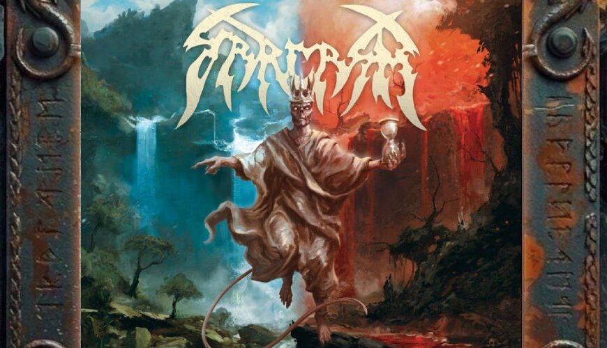 Albumcover Sarcasm – Lifeforce Omnibound: Gekrönte schwebende Gestalt mit Kelch vor geteilter Landschaft aus türkisblauer Wasserfallwelt links und rot brennender Schlucht rechts, darüber helles Sarcasm-Logo.