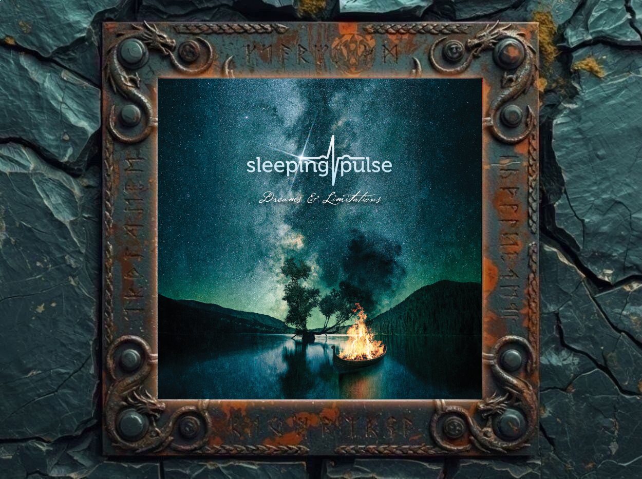 Albumcover von Sleeping Pulse – Dreams & Limitations: Nächtliche See- und Berglandschaft unter einem hellen Sternenhimmel mit Milchstraße. Im Wasser steht ein Baum, daneben treibt ein kleines Boot, in dem ein Feuer brennt. Die Szene ist blaugrün getönt, ruhig, melancholisch und traumartig. Oben stehen Bandlogo und Albumtitel.