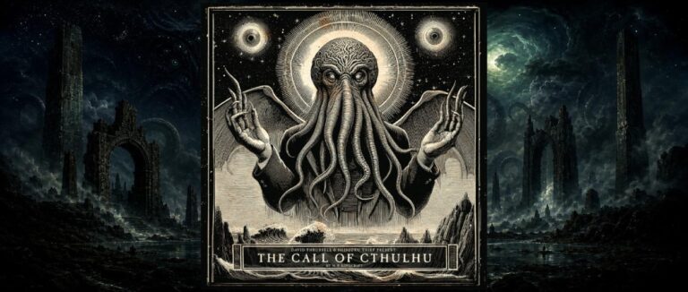 Cthulhu erhebt sich im Stil eines okkulten Kupferstichs über einem schwarzen Meer unter zwei fremdartigen Himmelskörpern.