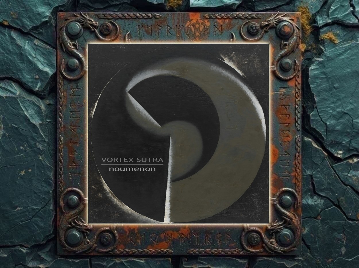 Albumcover von Vortex Sutra – Noumenon: Abstraktes dunkles Cover auf Basis von Aleksandr Rodchenkos Non-Objective Painting no. 80 (Black on Black). Zu sehen sind schwarze und graue geometrische Kreis- und Keilformen mit rauer Textur. Links unten stehen Bandname und Albumtitel.