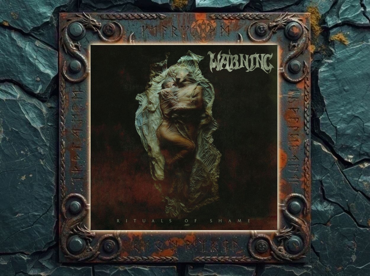 Albumcover Warning – Rituals of Shame: Dunkles Cover mit einer verhüllten, verdrehten menschlichen Gestalt in grünlich-braunen Schatten; oben rechts steht das Warning-Logo, unten der Albumtitel in weit gesetzten Buchstaben.