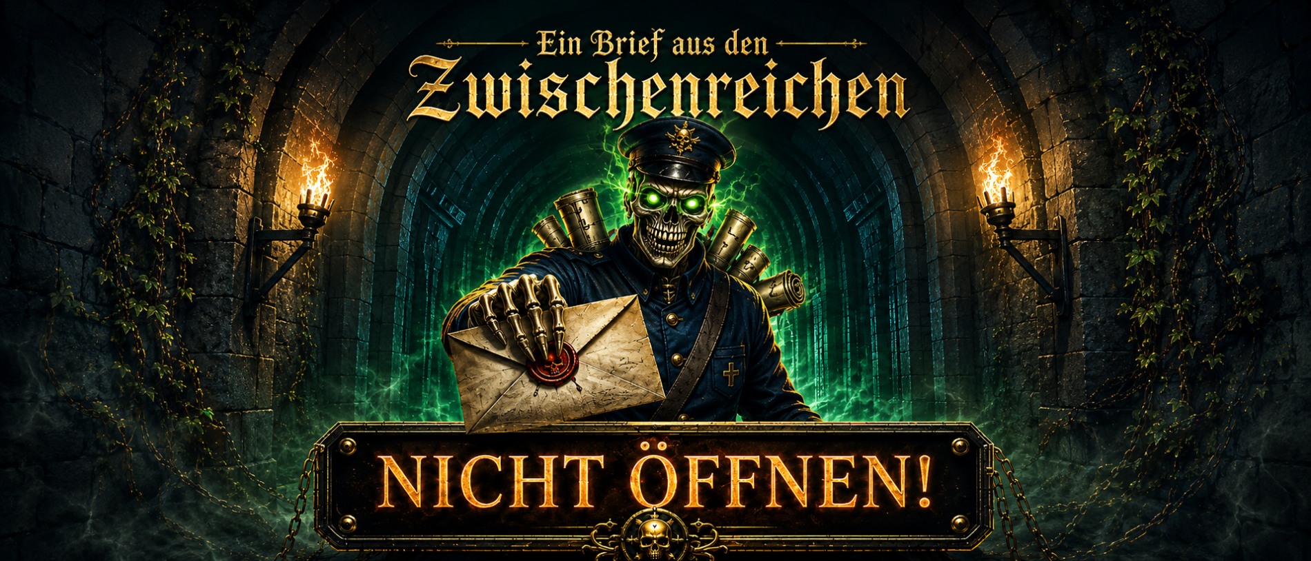 Banner für die Rubrik Briefe aus den Zwischenreichen mit Postboten als Skelett