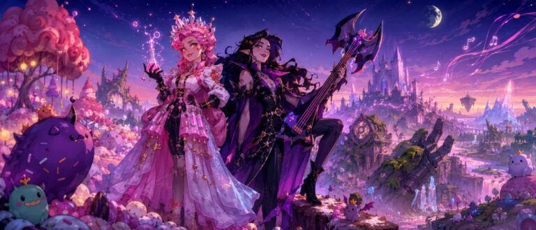 Eine Zuckerprinzessin und eine Vampirkönigin stehen mit magischer Energie in einer farbenfrohen Fantasylandschaft voller seltsamer Kreaturen.