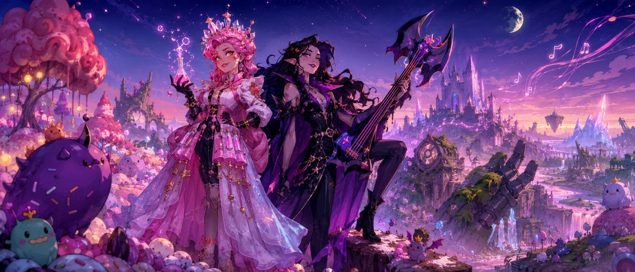 Eine Zuckerprinzessin und eine Vampirkönigin stehen mit magischer Energie in einer farbenfrohen Fantasylandschaft voller seltsamer Kreaturen.