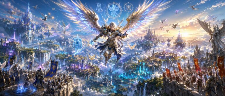 Ein geflügelter Fantasyheld schwebt über einer riesigen Welt mit schimmernden Städten, Himmelsinseln und kämpfenden Fraktionen.
