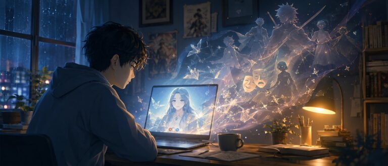 Ein junger Mensch sitzt vor einem Bildschirm, auf dem ein freundlich wirkender Anime-Avatar erscheint, während sanfte Fantasielichter und fragile Schatten eine ruhige Gesprächsszene bilden.